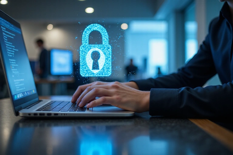 Persona escribiendo en un teclado con símbolos de privacidad y seguridad digital alrededor.