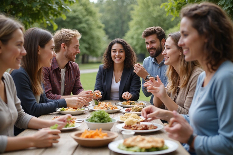 Grupo de personas sonriendo y comiendo alimentos saludables juntos