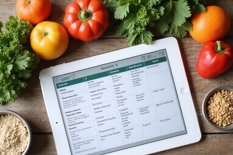 Mesa con un plan de alimentación impreso, una tableta con recetas y alimentos saludables como frutas, verduras y granos.